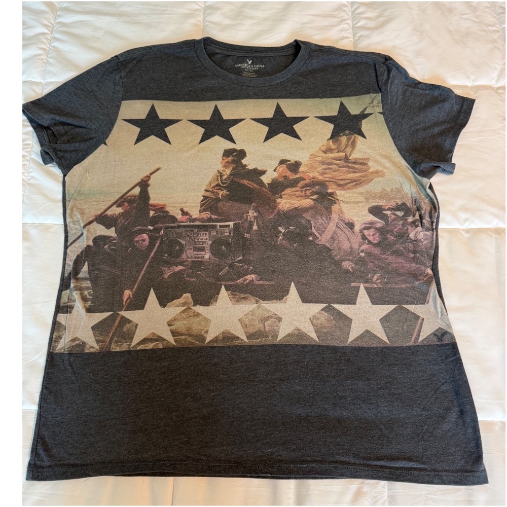 American Eagle Graphic Tee Mens L Gray Good Washington Crossing Boombox Stars
